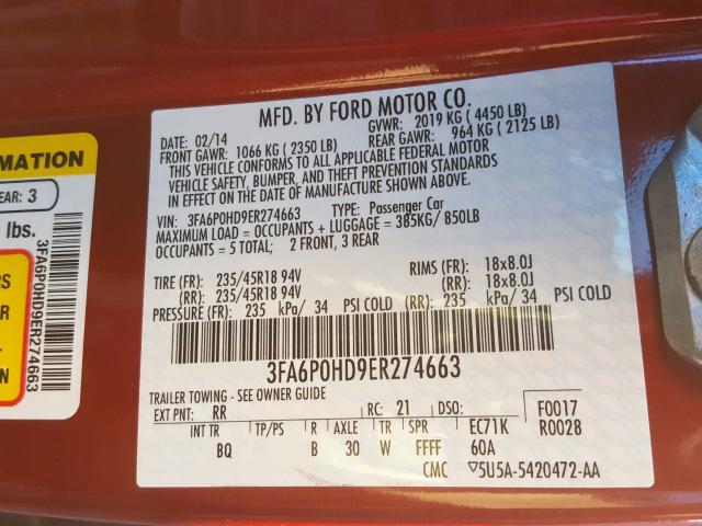 3FA6P0HD9ER274663 - 2014 FORD FUSION SE  photo 10