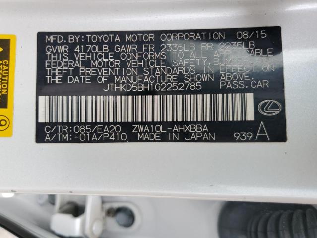 JTHKD5BH1G2252785 - 2016 LEXUS CT 200 WHITE photo 12