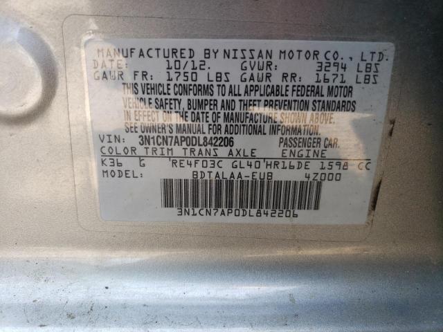 3N1CN7AP0DL842206 - 2013 NISSAN VERSA S GRAY photo 12