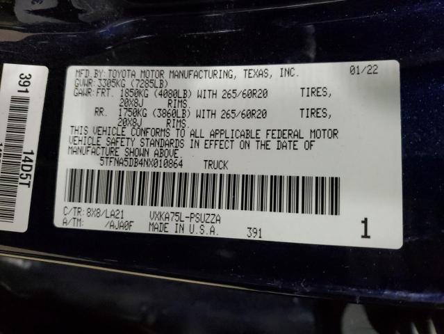 5TFNA5DB4NX010864 - 2022 TOYOTA TUNDRA CREWMAX PLATINUM 蓝色 照片 12