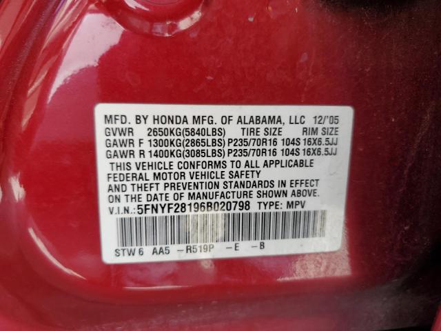 5FNYF28196B020798 - 2006 HONDA PILOT LX RED photo 13