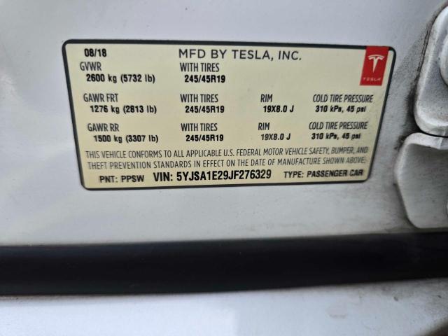 5YJSA1E29JF276329 - 2018 TESLA MODEL S WHITE photo 10