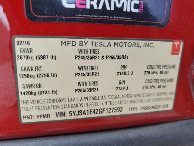 5YJSA1E42GF127593 - 2016 TESLA MODEL S RED photo 12