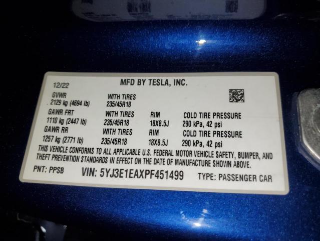 5YJ3E1EAXPF451499 - 2023 TESLA MODEL 3 BLUE photo 12