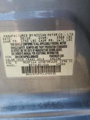 3N1CN7AP9CL890432 - 2012 NISSAN VERSA S GRAY photo 12