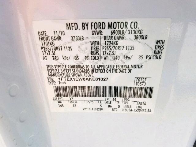 1FTEX1EW8AKE81027 - 2010 FORD F150 SUPER CAB  photo 10