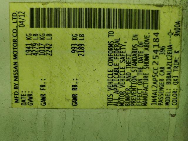 1N4AL2AP5CC254184 - 2012 NISSAN ALTIMA BASE WHITE photo 12