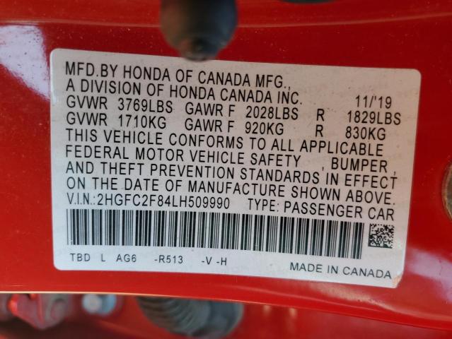 2HGFC2F84LH509990 - 2020 HONDA CIVIC SPORT 红色 照片 12