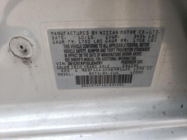 3N1CN7AP1GL834281 - 2016 NISSAN VERSA S SILVER photo 13