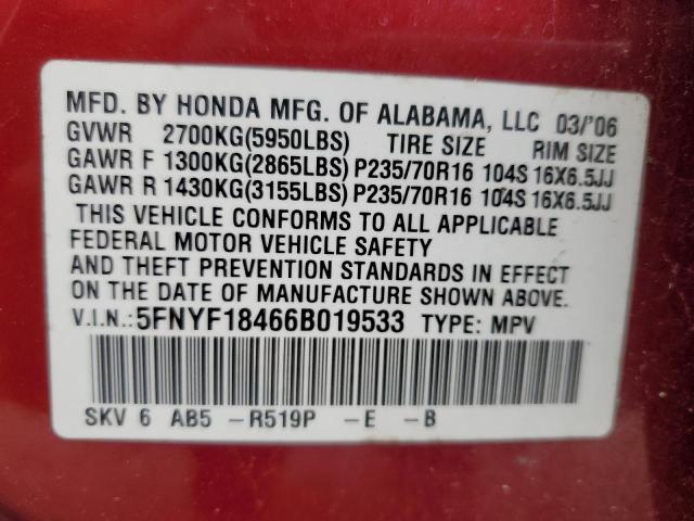 5FNYF18466B019533 - 2006 HONDA PILOT EX RED photo 13