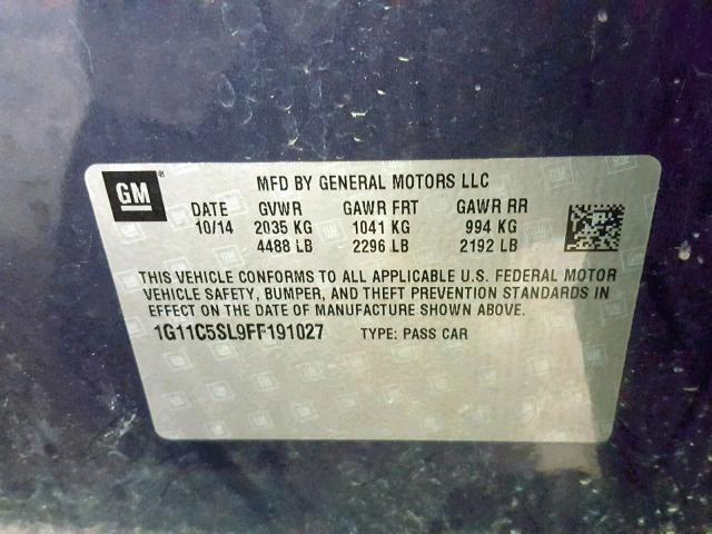 1G11C5SL9FF191027 - 2015 CHEVROLET MALIBU 1LT  照片 10