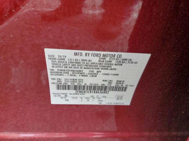 2FMGK5C81KBA36882 - 2019 FORD FLEX SEL BURGUNDY photo 13