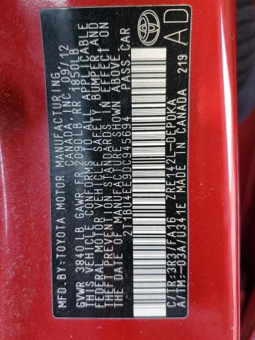 2T1BU4EE9DC945694 - 2013 TOYOTA COROLLA BASE 红色 照片 12