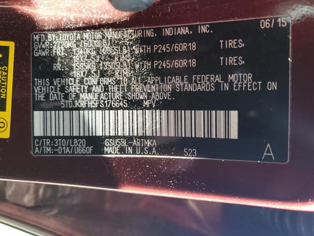 5TDJKRFH5FS176645 - 2015 TOYOTA HIGHLANDER XLE Tünd qırmızı foto 13