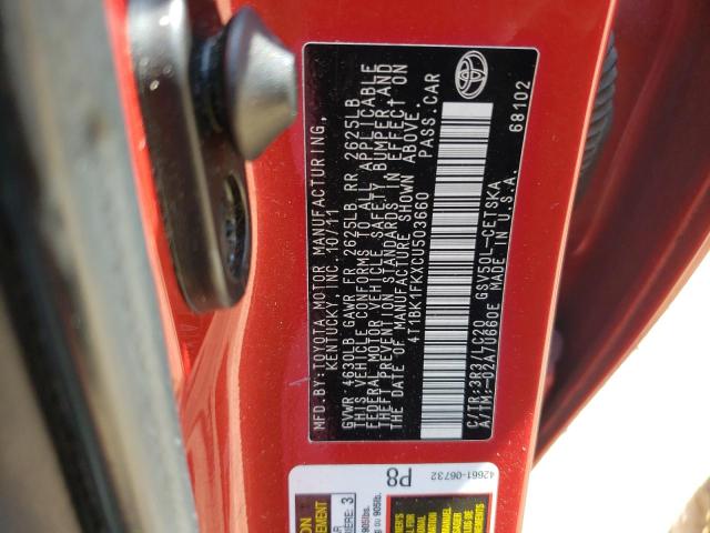 4T1BK1FKXCU503660 - 2012 TOYOTA CAMRY SE RED photo 13