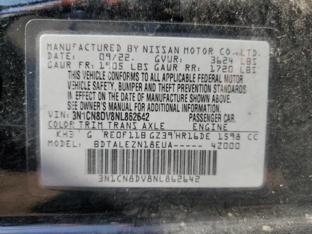 3N1CN8DV8NL862642 - 2022 NISSAN VERSA S BLACK photo 12