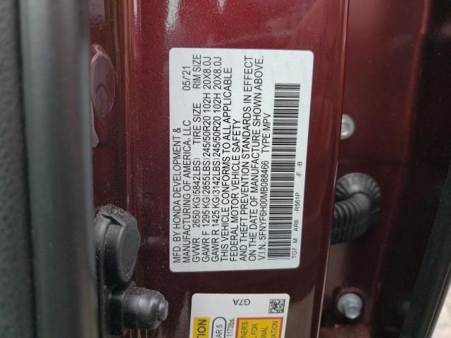 5FNYF6H00MB088466 - 2021 HONDA PILOT ELITE MAROON photo 13