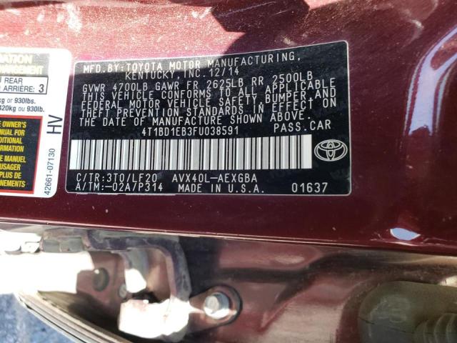 4T1BD1EB3FU038591 - 2015 TOYOTA AVALON HYBRID BURGUNDY photo 12