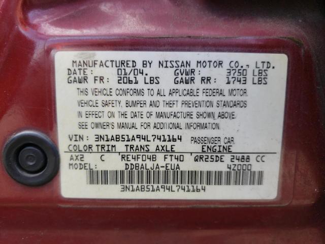 3N1AB51A94L741164 - 2004 NISSAN SENTRA 2.5S RED photo 13