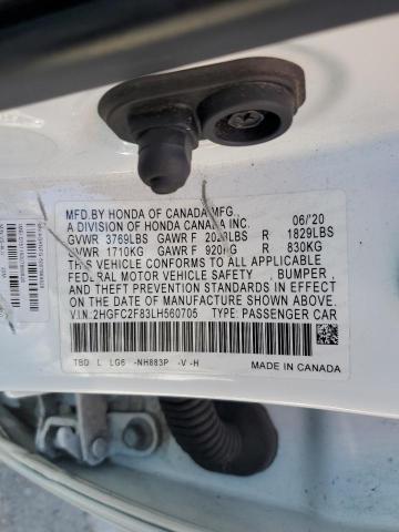 2HGFC2F83LH560705 - 2020 HONDA CIVIC SPORT 白色 照片 12