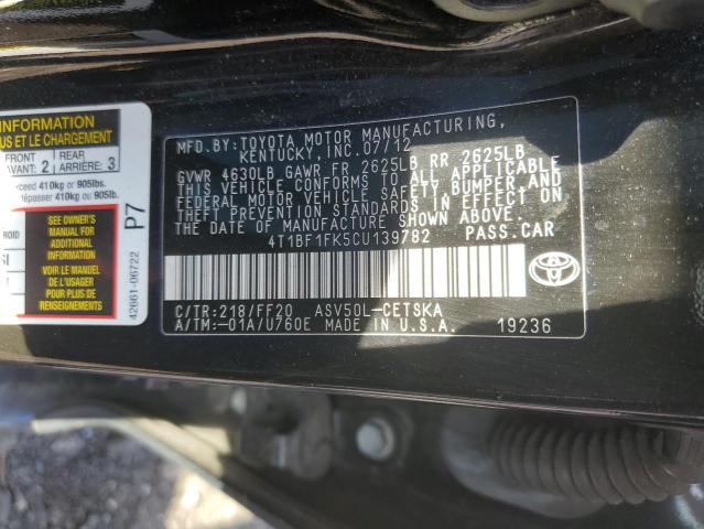 4T1BF1FK5CU139782 - 2012 TOYOTA CAMRY BASE BLACK photo 12