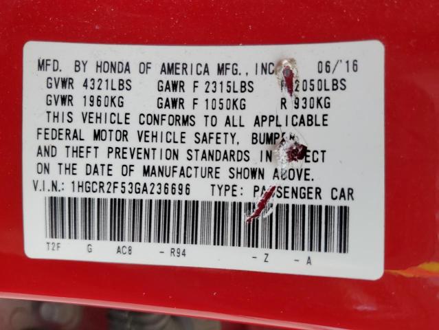 1HGCR2F53GA236696 - 2016 HONDA ACCORD SPORT RED photo 12