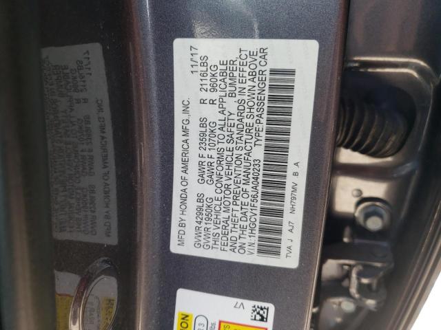 1HGCV1F56JA040233 - 2018 HONDA ACCORD EXL GRAY photo 12