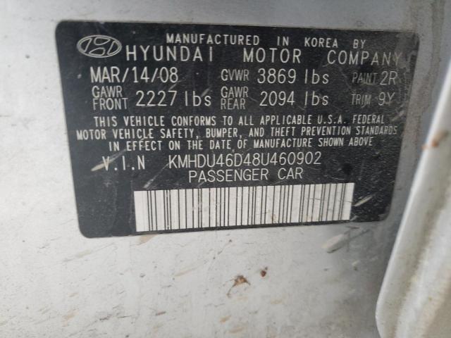 KMHDU46D48U460902 - 2008 HYUNDAI ELANTRA GLS SILVER photo 12