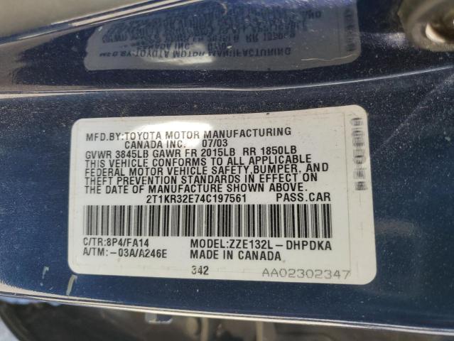 2T1KR32E74C197561 - 2004 TOYOTA COROLLA MA XR BLUE photo 12