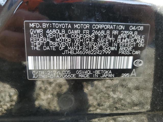 JTHBJ46G982242799 - 2008 LEXUS ES 350 BLACK photo 12