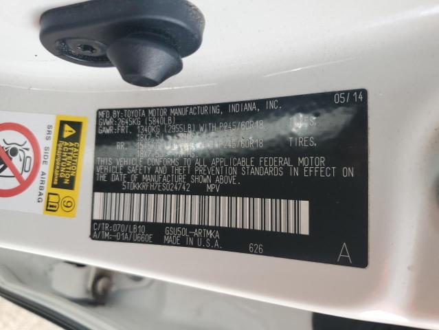 5TDKKRFH7ES024742 - 2014 TOYOTA HIGHLANDER XLE WHITE photo 14
