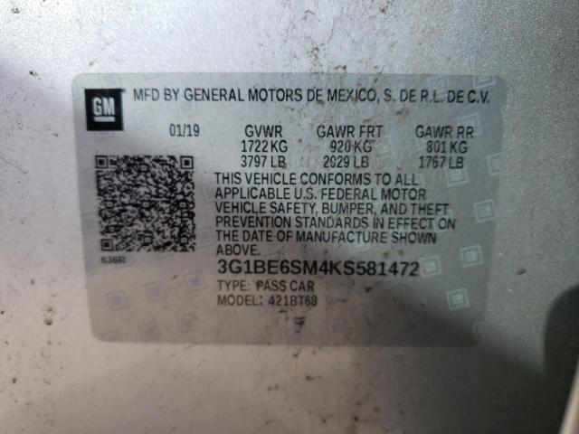 3G1BE6SM4KS581472 - 2019 CHEVROLET CRUZE LT SILVER photo 12