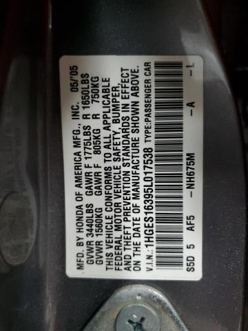 1HGES16395L017538 - 2005 HONDA CIVIC DX VP Մոխրագույն լուսանկար 12