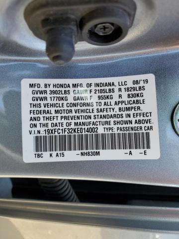 19XFC1F32KE014002 - 2019 HONDA CIVIC EX SILVER photo 12