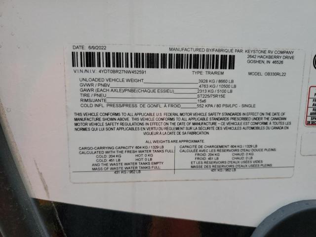 4YDT0BR27NW452591 - 2022 KEYSTONE OUTBACK WHITE photo 10