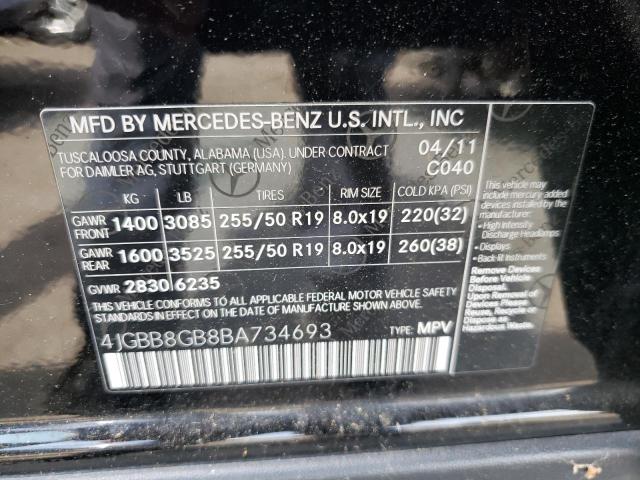 4JGBB8GB8BA734693 - 2011 MERCEDES-BENZ ML 350 4MATIC BLACK photo 12