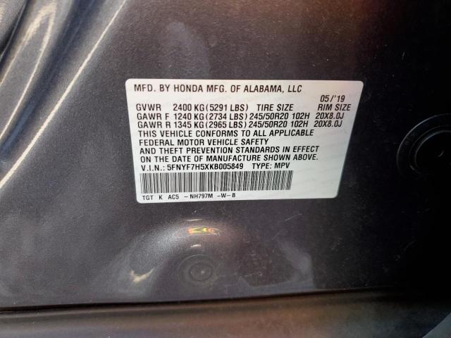 5FNYF7H5XKB005849 - 2019 HONDA PASSPORT EXL GRAY photo 12