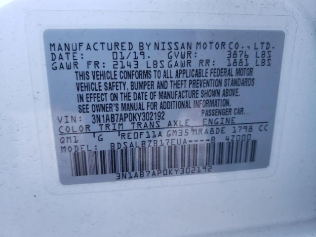 3N1AB7AP0KY302192 - 2019 NISSAN SENTRA S WHITE photo 10