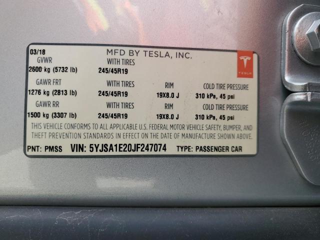 5YJSA1E20JF247074 - 2018 TESLA MODEL S SILVER photo 13