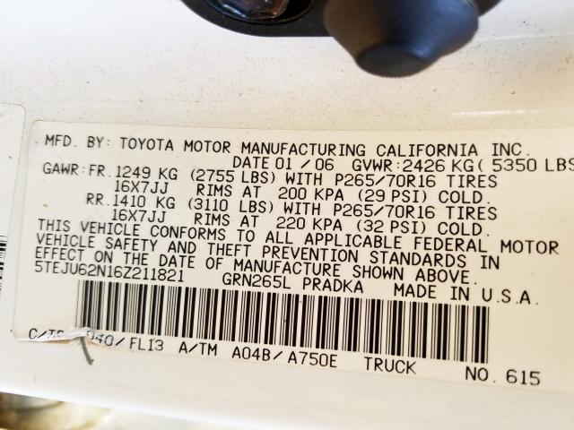 5TEJU62N16Z211821 - 2006 TOYOTA TACOMA DOUBLE CAB PRERUNNER  photo 10