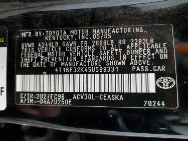 4T1BE32K45U599331 - 2005 TOYOTA CAMRY LE BLACK photo 12