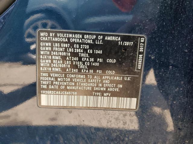 1V2GR2CA5JC545758 - 2018 VOLKSWAGEN ATLAS S BLUE photo 14