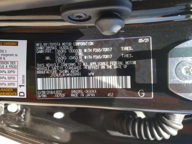 JTENU5JR1M5939991 - 2021 TOYOTA 4RUNNER SR5/SR5 PREMIUM 黑色 照片 10