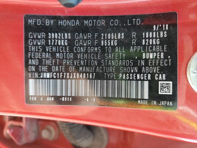 JHMFC1F7XJX040167 - 2018 HONDA CIVIC EXL RED photo 12