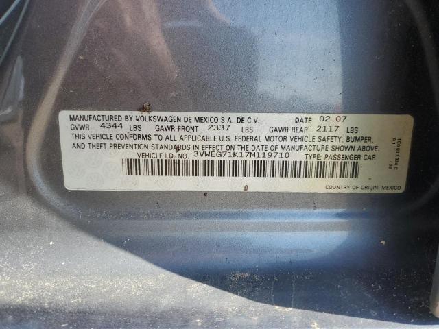 3VWEG71K17M119710 - 2007 VOLKSWAGEN JETTA WOLFSBURG 灰色 照片 12