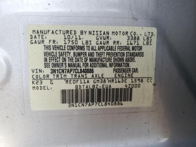 3N1CN7AP7CL840886 - 2012 NISSAN VERSA S SILVER photo 12