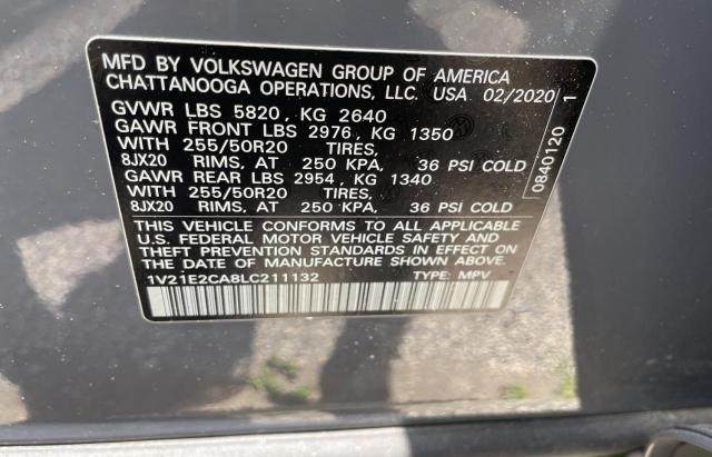 1V21E2CA8LC211132 - 2020 VOLKSWAGEN ATLAS CROS SE ნაცრისფერი ფოტო 10