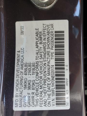 19XFL1H70NE020174 - 2022 HONDA CIVIC EXL PURPLE photo 12