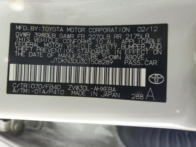 JTDKN3DU3C1508289 - 2012 TOYOTA PRIUS WHITE photo 13