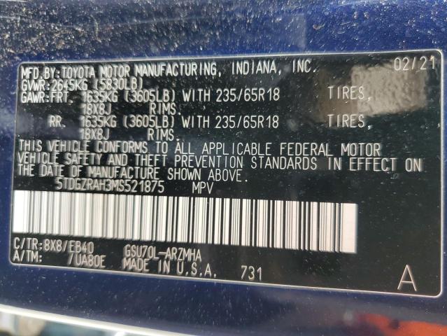 5TDGZRAH3MS521875 - 2021 TOYOTA HIGHLANDER XLE Mavi foto 14